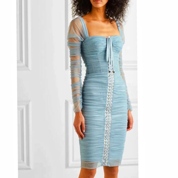 $3645 NWT Dolce & Gabbana Light Blue Tulle Sheer Lace-Up Ruched Midi Dress - Picture 11 of 13